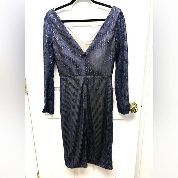 René Ruiz Sequin Dress, Knee Length, Navy Blue, Taupe Lining, V Neck, Size 4 - Picture 2 of 14